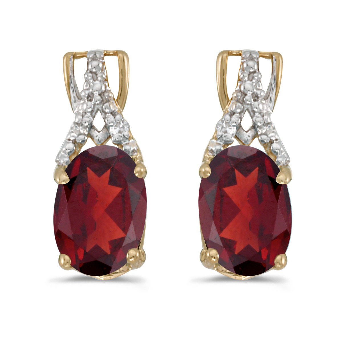 These 14k yellow gold oval garnet and diamond earrings feature 7x5 mm genuine natural garnets wit...
