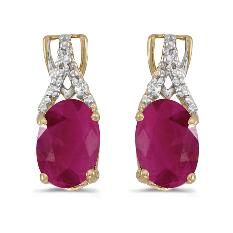 These 14k yellow gold oval ruby and diamond earrings feature 7x5 mm genuine natural rubys with a ...