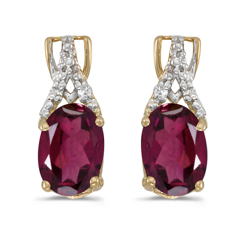 These 14k yellow gold oval rhodolite garnet and diamond earrings feature 7x5 mm genuine natural r...