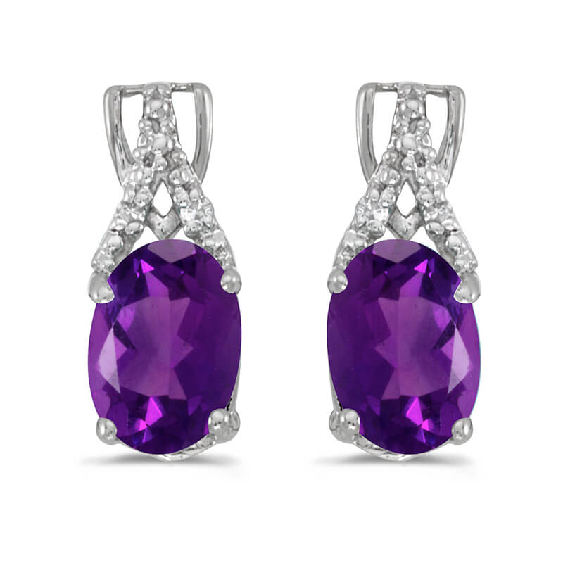 These 14k white gold oval amethyst and diamond earrings feature 7x5 mm genuine natural amethysts ...