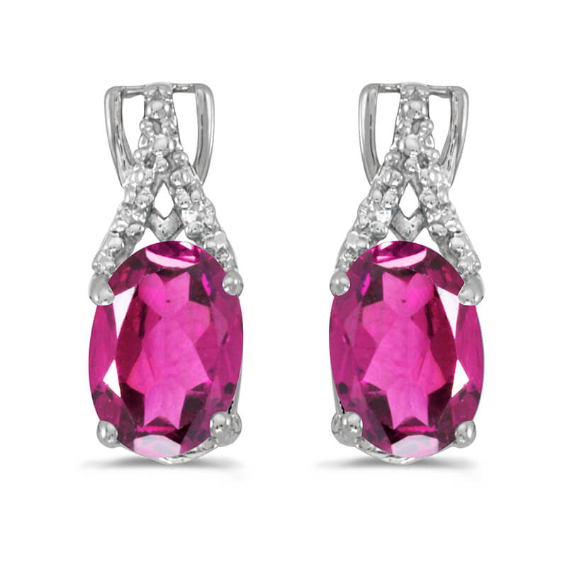 These 14k white gold oval pink topaz and diamond earrings feature 7x5 mm genuine natural pink top...