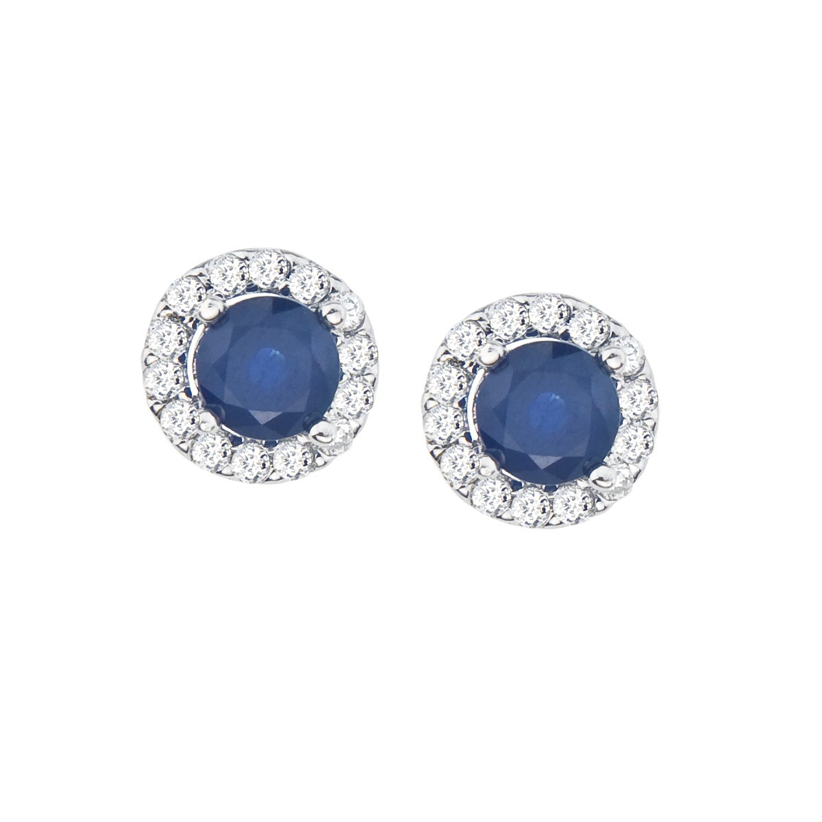 Classicly beautiful halo earrings with bright 5 mm sapphire center stones surrounded by .34 total...