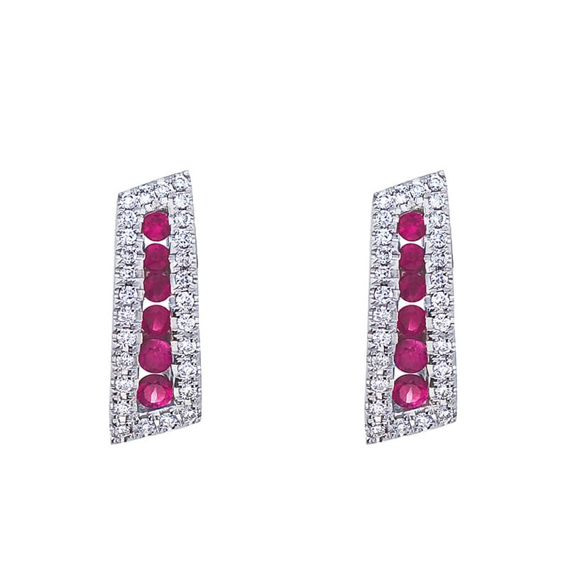 Graceful 14k white gold earrings with stacks of beautiful rubies and .18 carats of shining diamonds.