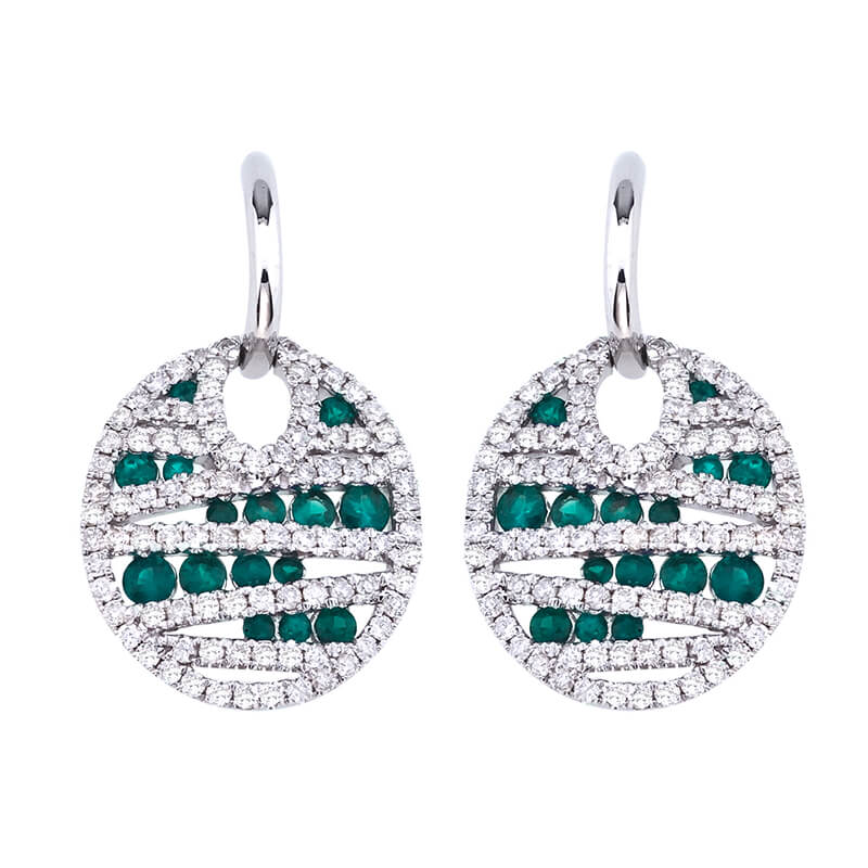 Beautiful Emerald and Diamond lever-back earrings set in 14k white gold with .87 total carat diam...