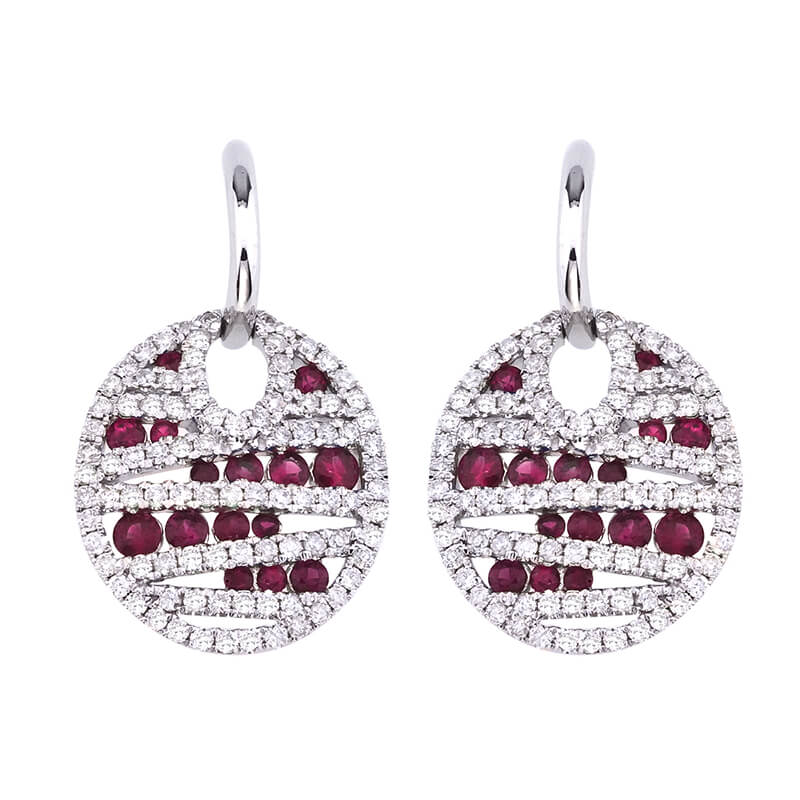 Beautiful Ruby and Diamond lever-back earrings set in 14k White gold with .96 total carat diamonds.