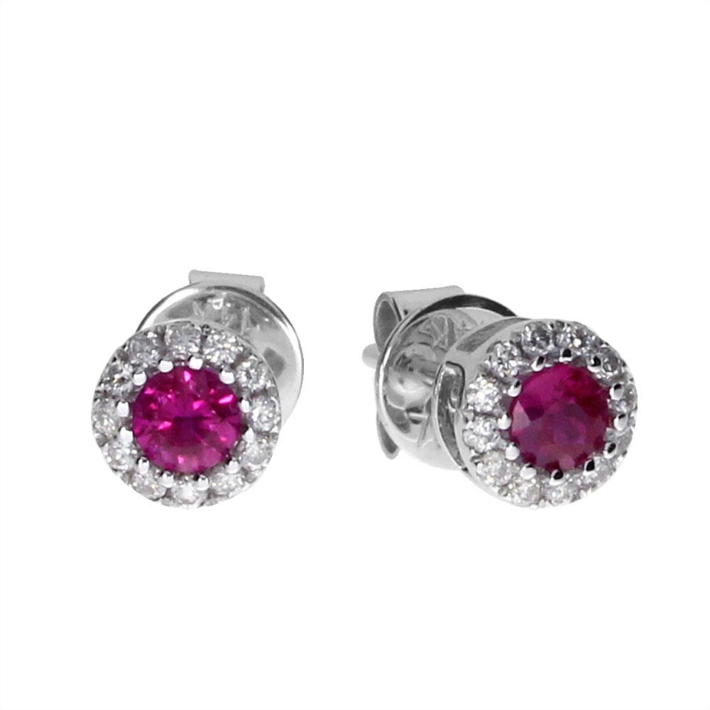 3.3 mm round ruby earrings surrounded by brilliant diamonds set in 14k white gold.