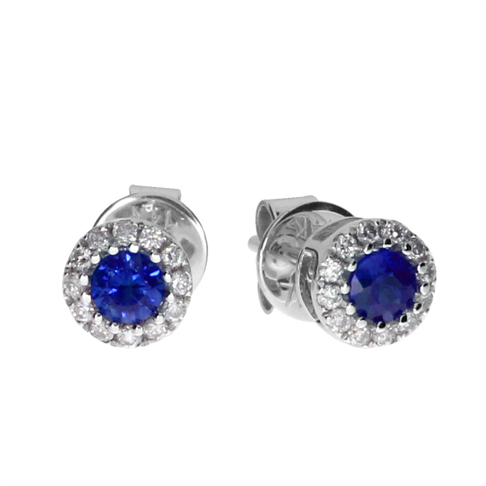 3.3 mm round sapphire earrings surrounded by brilliant diamonds set in 14k white gold.