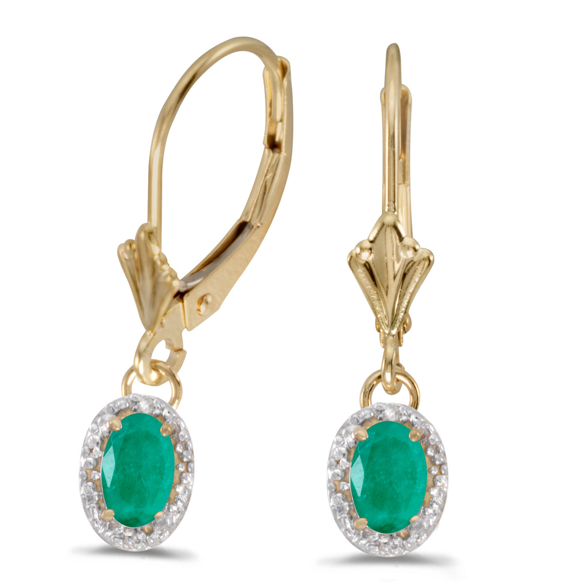 Beautiful 10k yellow gold leverback earrings with regal 6x4 mm emeralds complemented with bright ...