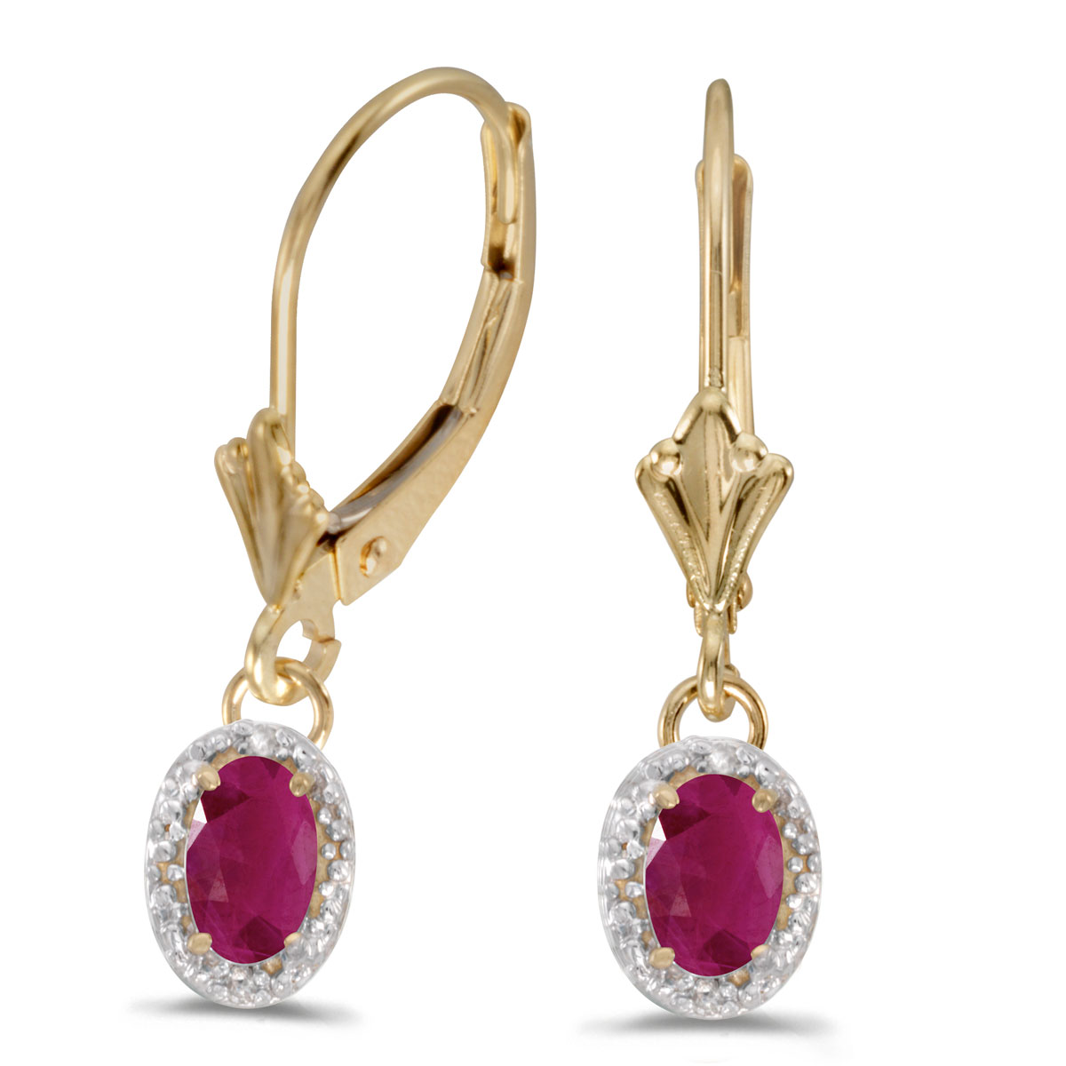 Beautiful 10k yellow gold leverback earrings with ravishing 6x4 mm rubies complemented with brigh...