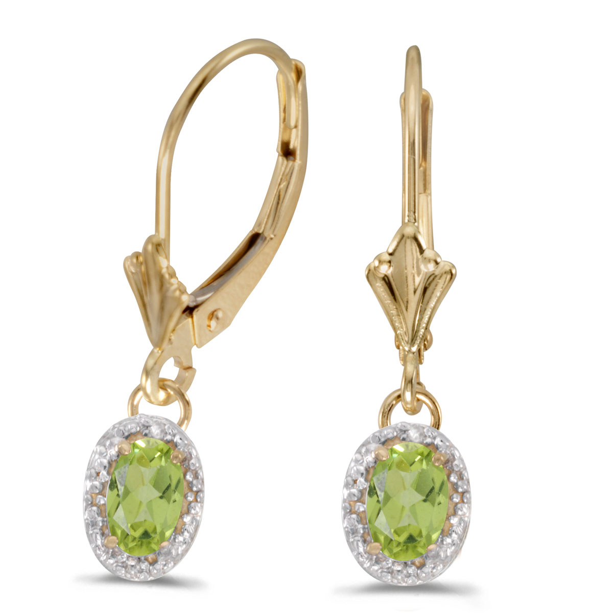 Beautiful 10k yellow gold leverback earrings with pretty 6x4 mm peridots complemented with bright...