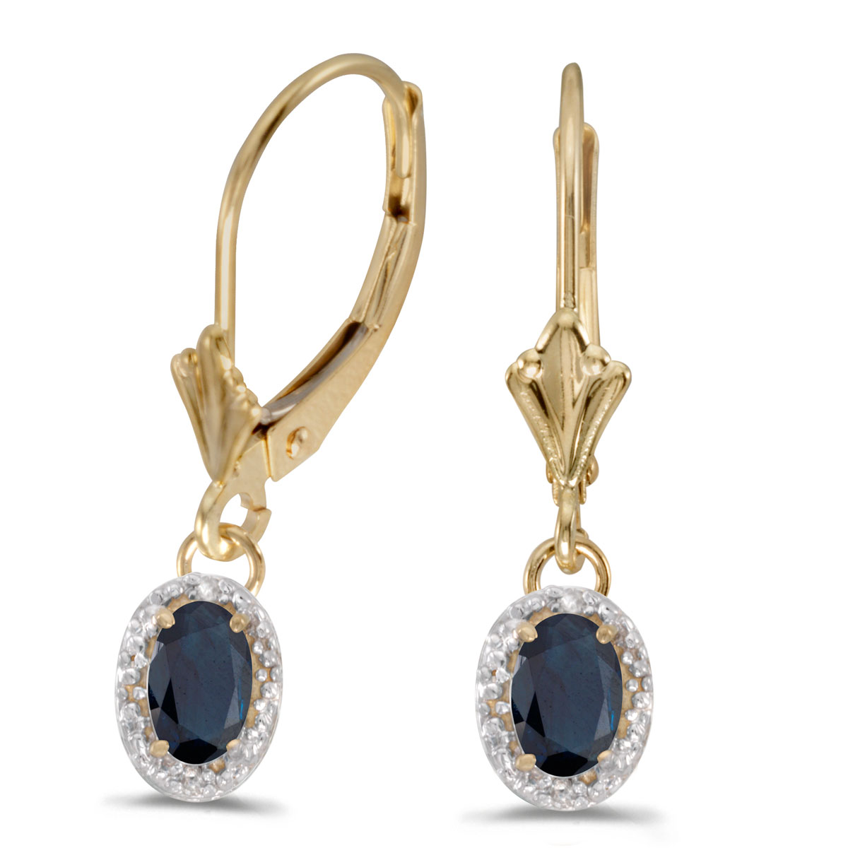 Beautiful 10k yellow gold leverback earrings with bold 6x4 mm sapphires complemented with bright diamonds.
