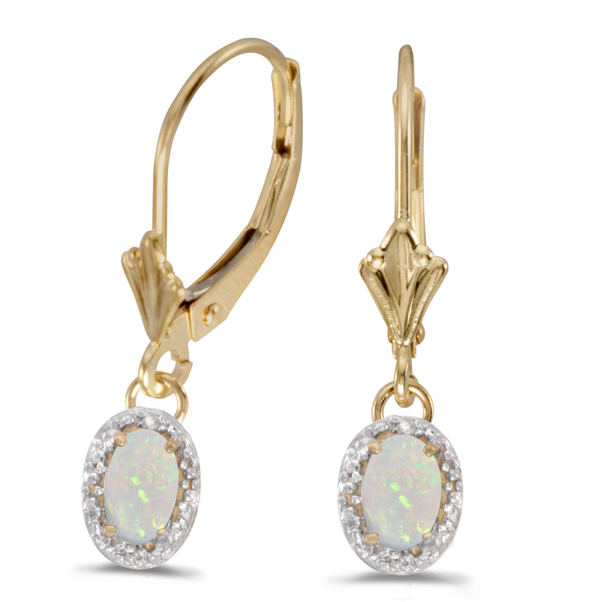 Beautiful 10k yellow gold leverback earrings with mesmerizing  6x4 mm opals complemented with bri...