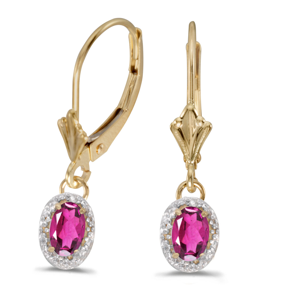 Beautiful 10k yellow gold leverback earrings with pretty 6x4 mm pink topaz stones complemented wi...