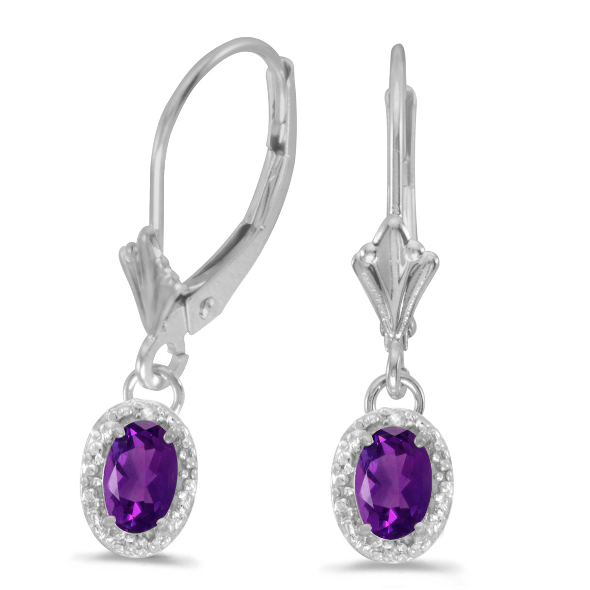 Beautiful 10k white gold leverback earrings with lovely 6x4 mm amethysts complemented with bright...