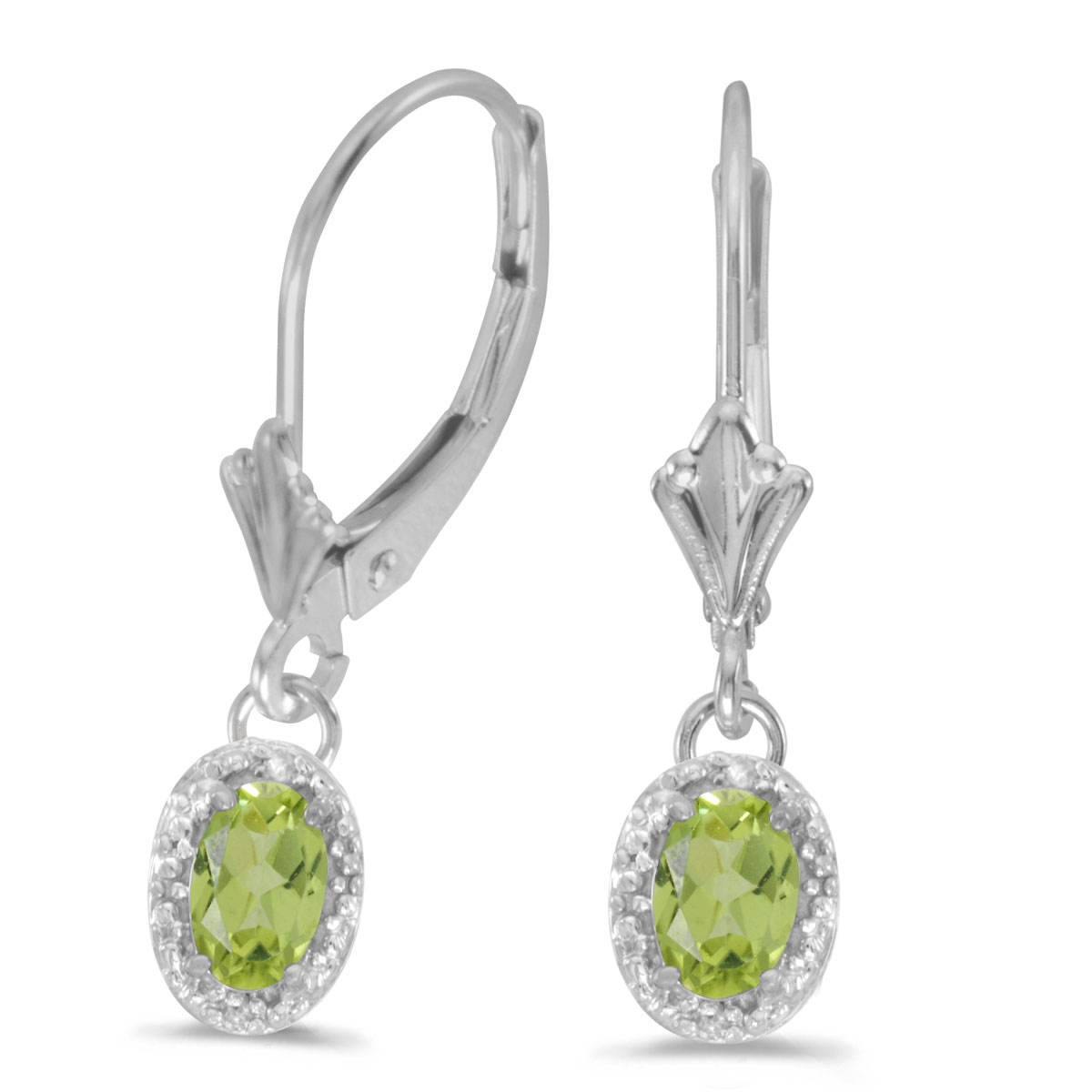 Beautiful 10k white gold leverback earrings with pretty 6x4 mm peridots complemented with bright diamonds.