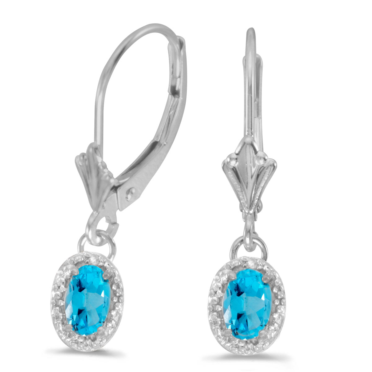 Beautiful 10k white gold leverback earrings with sophisticated 6x4 mm blue topaz stones complemen...