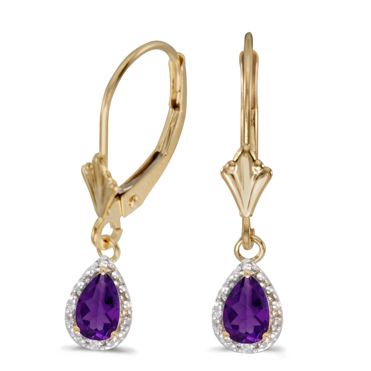 6x4 mm pear amethyst dangle in 10k yellow gold with shimmering diamond accents.