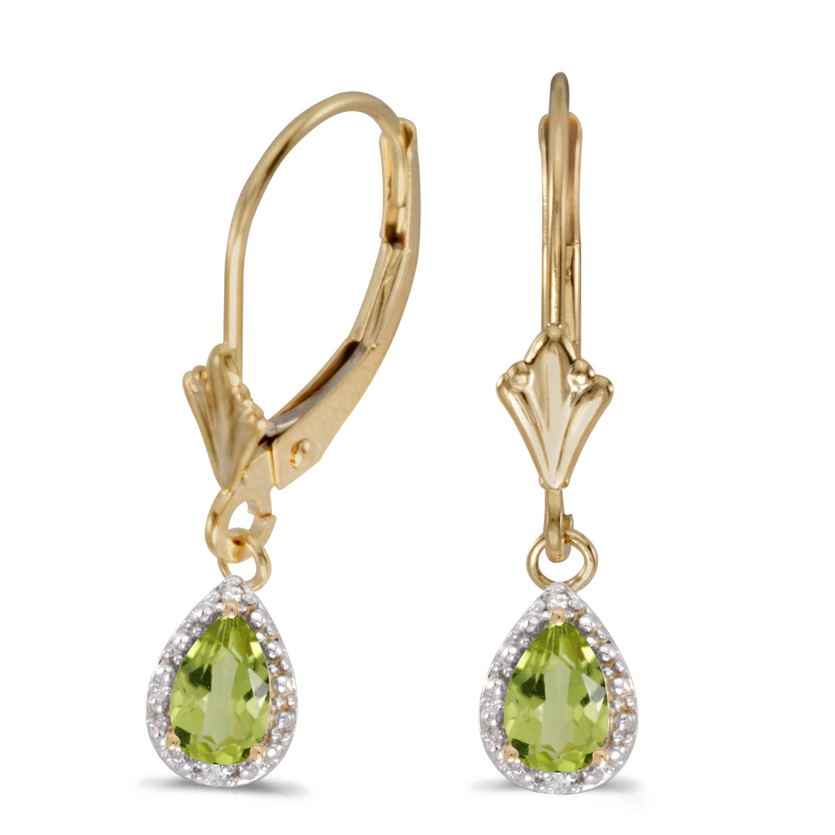 6x4 mm pear peridot dangle in 10k yellow gold with shimmering diamond accents.