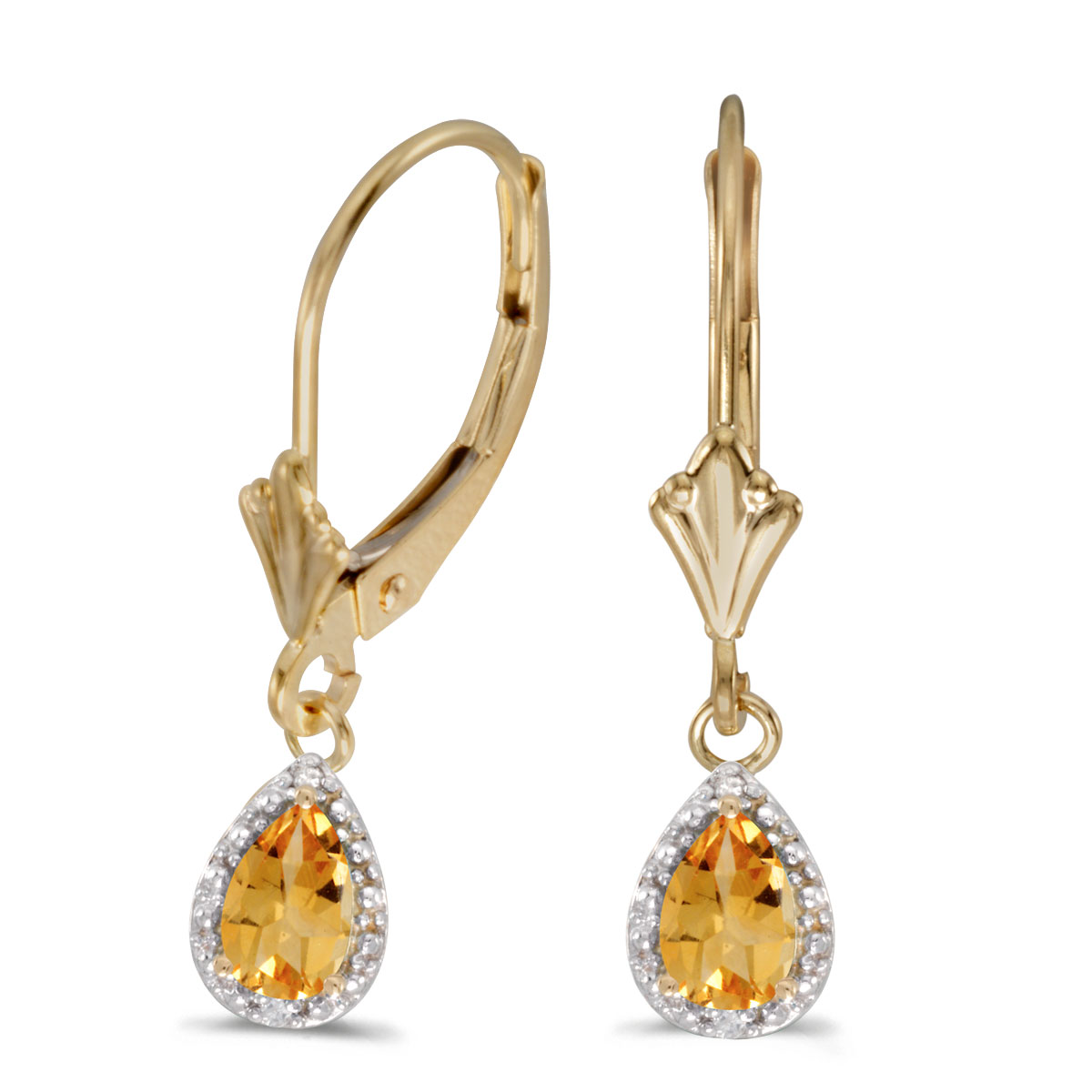 6x4 mm pear citrines dangle in 10k yellow gold with shimmering diamond accents.