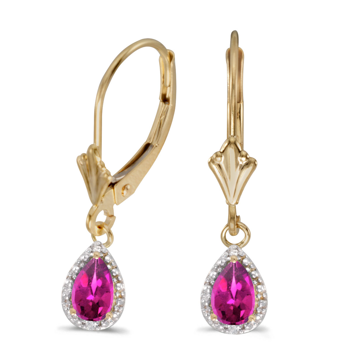 6x4 mm pear pink topaz dangle in 10k yellow gold with shimmering diamond accents.