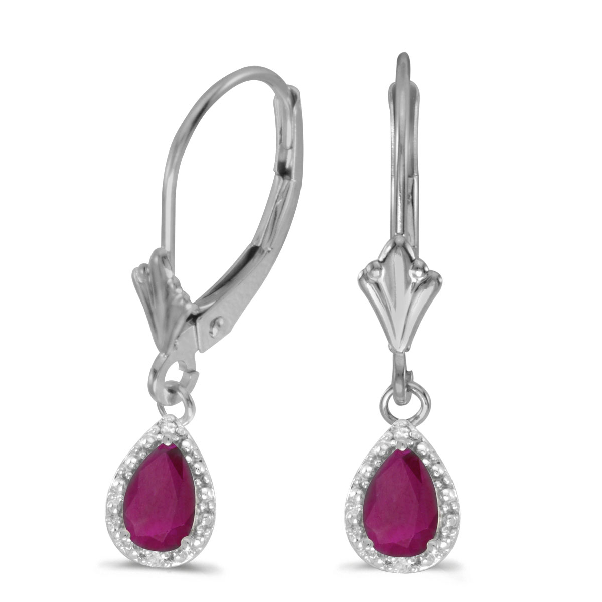 6x4 mm pear rubies dangle in 10k white gold with shimmering diamond accents.