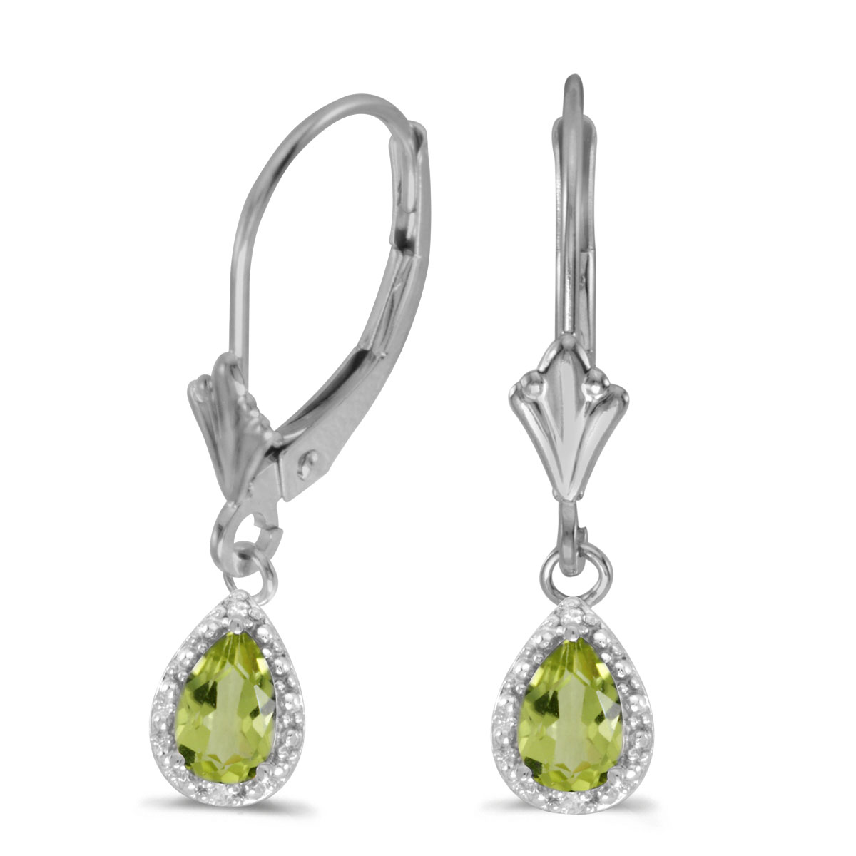 6x4 mm pear peridot dangle in 10k white gold with shimmering diamond accents.