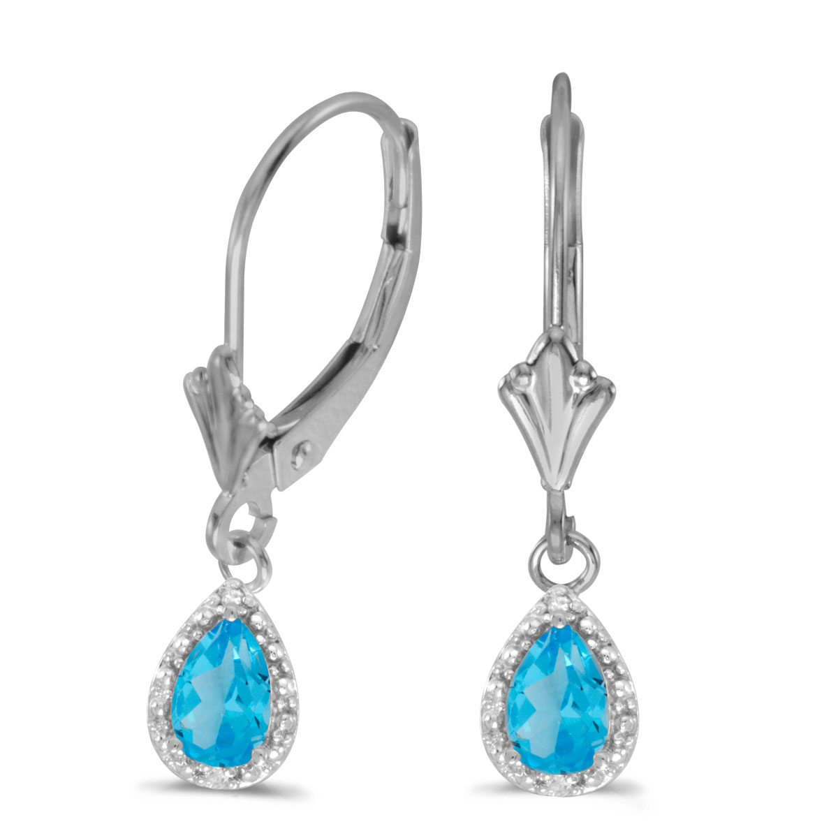 6x4 mm pear blue topaz dangle in 10k white gold with shimmering diamond accents.