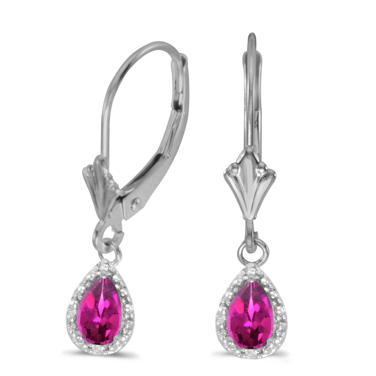 6x4 mm pear pink topaz dangle in 10k white gold with shimmering diamond accents.