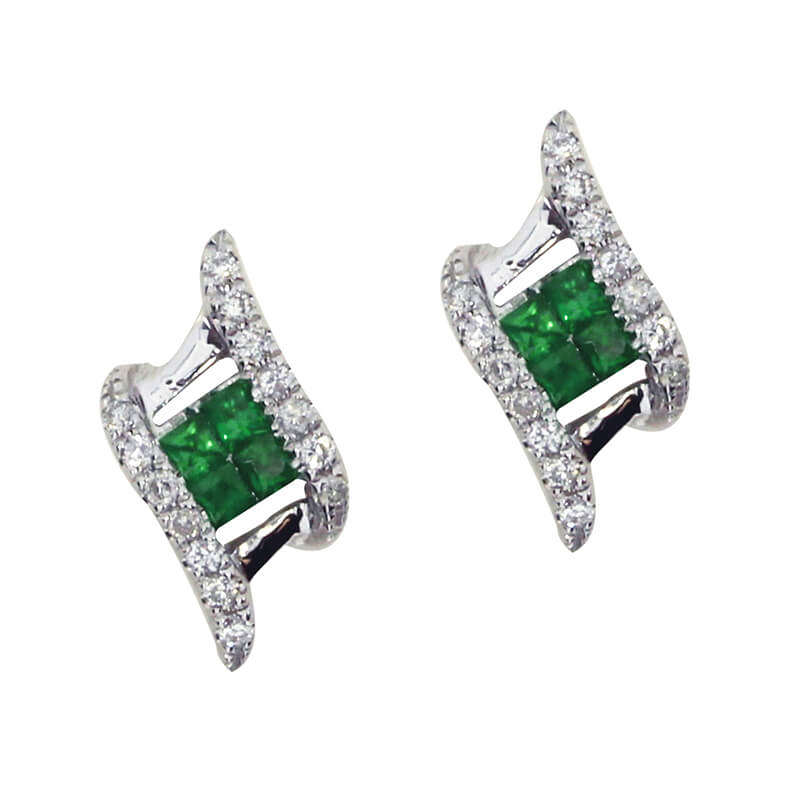 14K White Gold Emerald and Diamond Angled Earrings