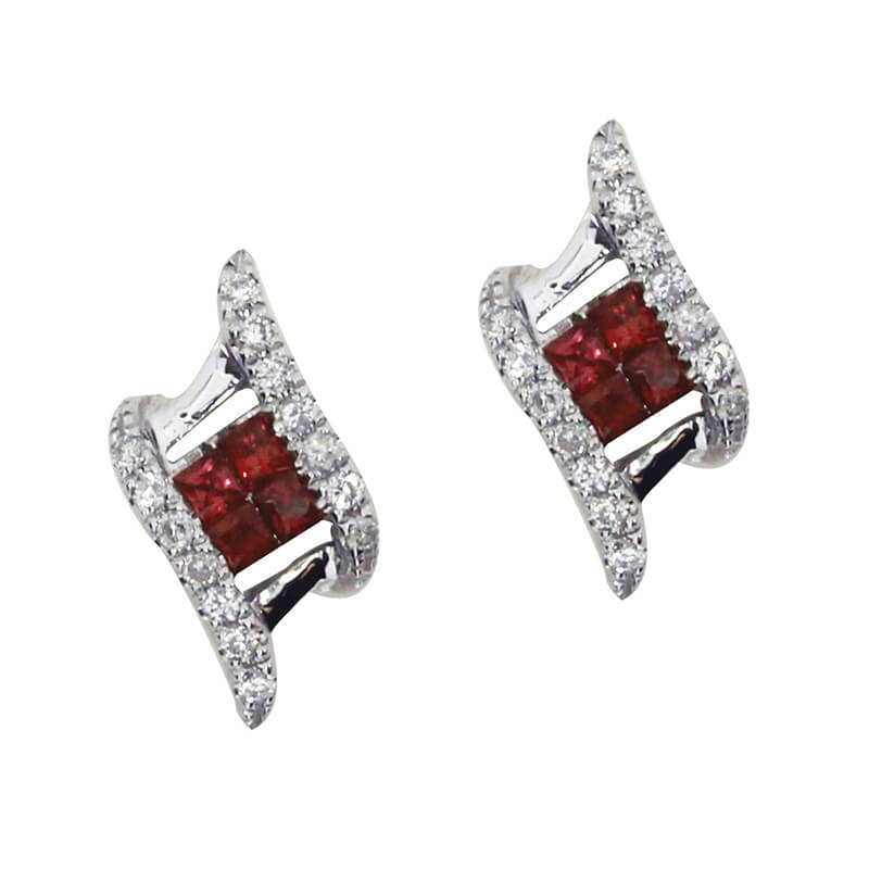 14K White Gold Ruby and Diamond Angled Earrings