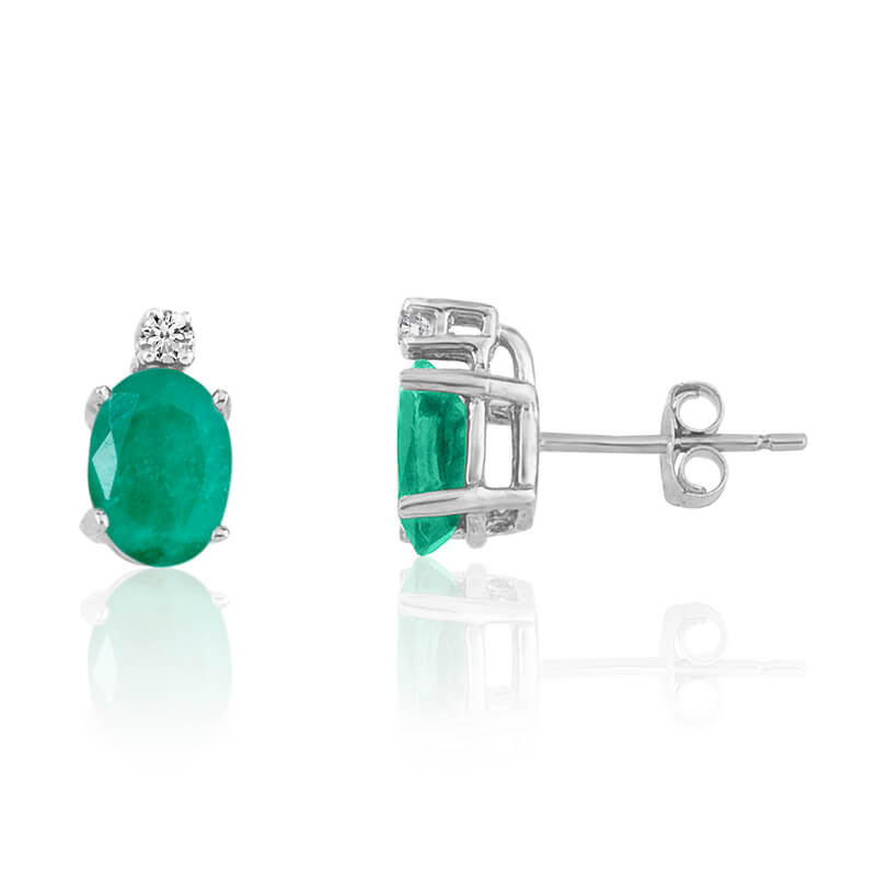 14k White Gold Oval Emerald and Diamond Earrings