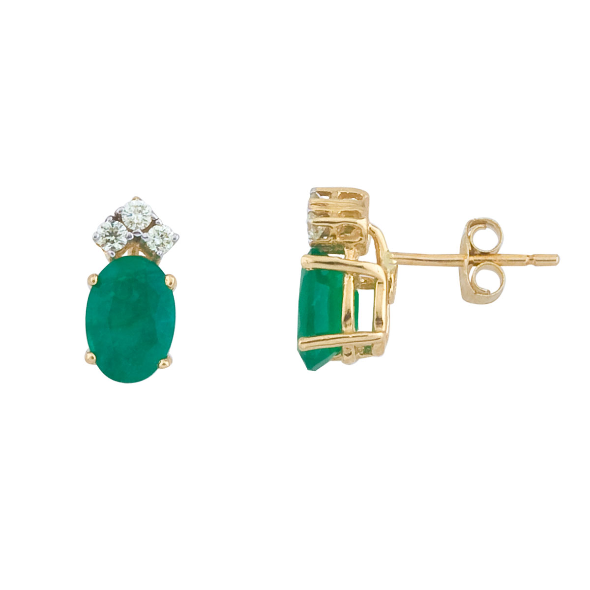 These 7x5 mm oval shaped emerald earrings are set in beautiful 14k yellow gold and feature .12 to...