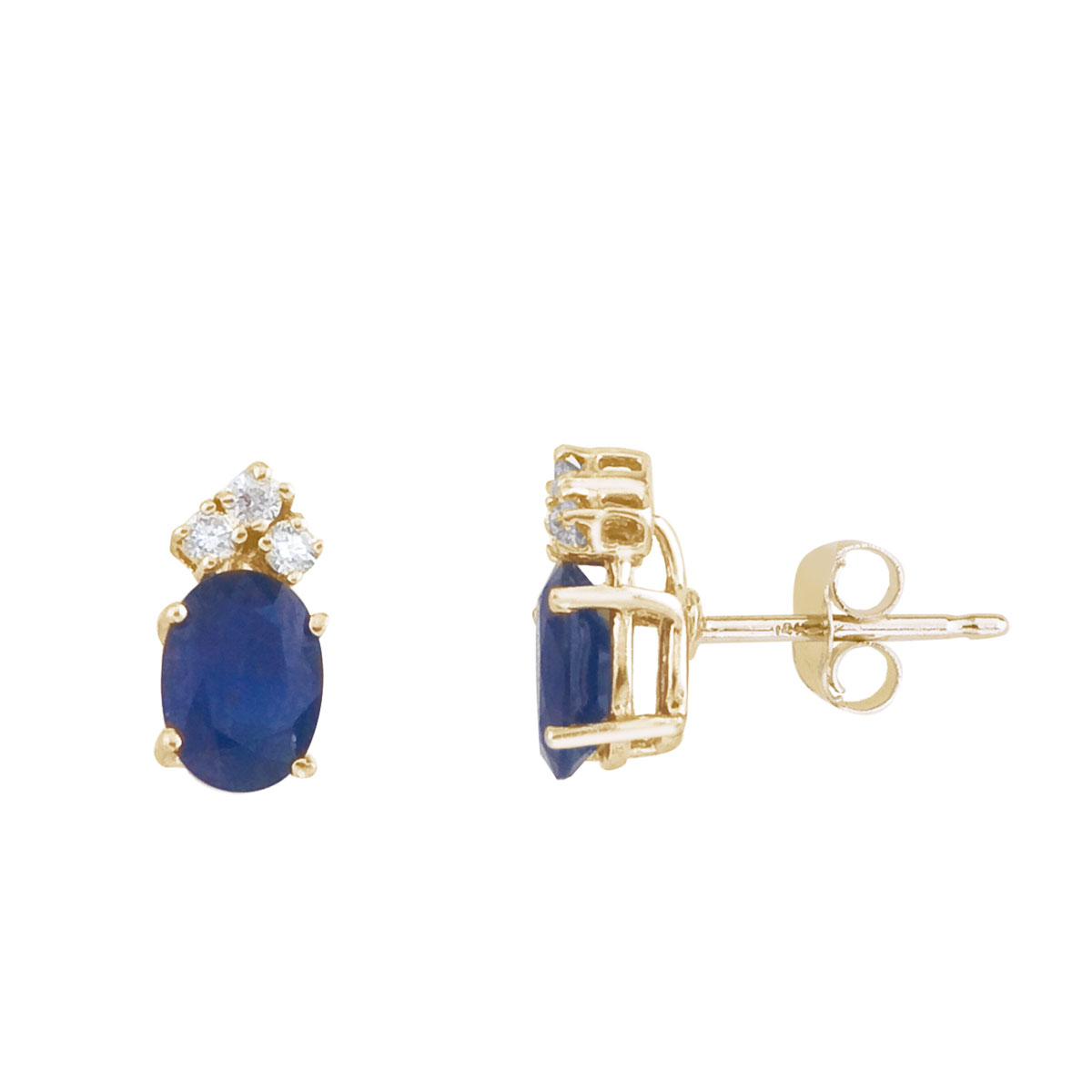 These 7x5 mm oval shaped sapphire earrings are set in beautiful 14k yellow gold and feature .12 t...