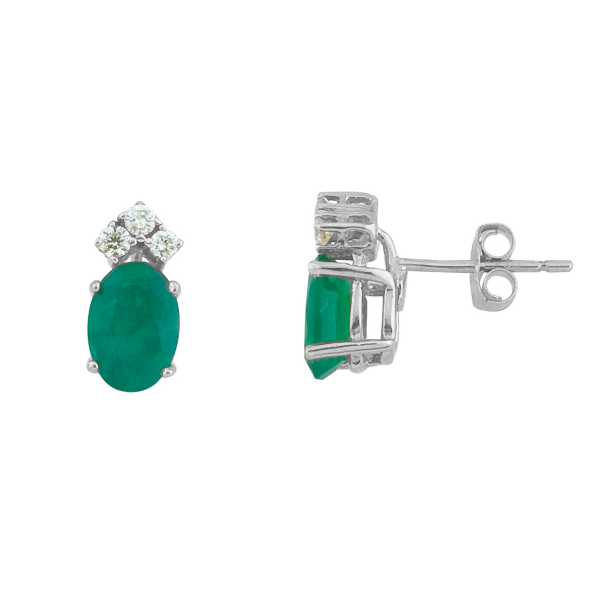 These 7x5 mm oval shaped emerald earrings are set in beautiful 14k white  gold and feature .12 total carat diamonds.