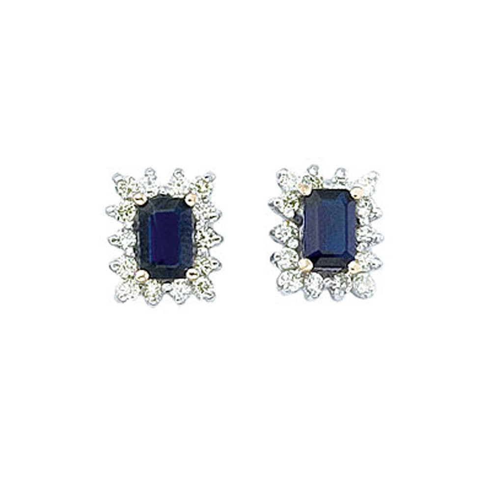 6x4 mm octogon shaped sapphire earrings with .50 total ct diamonds set in 14k yellow gold.