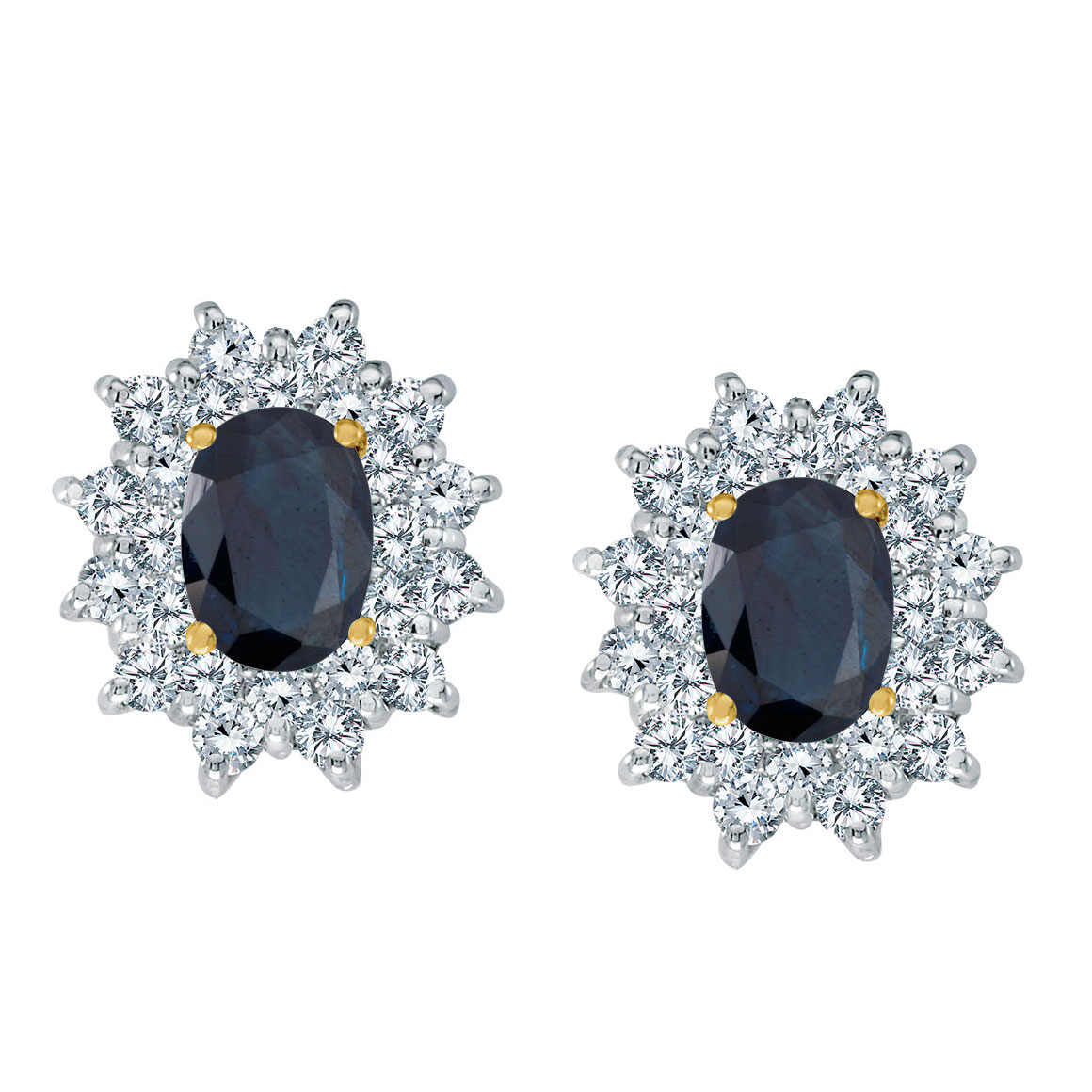 Bright 14k yellow gold earrings featuring 7x5 mm sapphires surrounded by 1.00 total carat of scin...