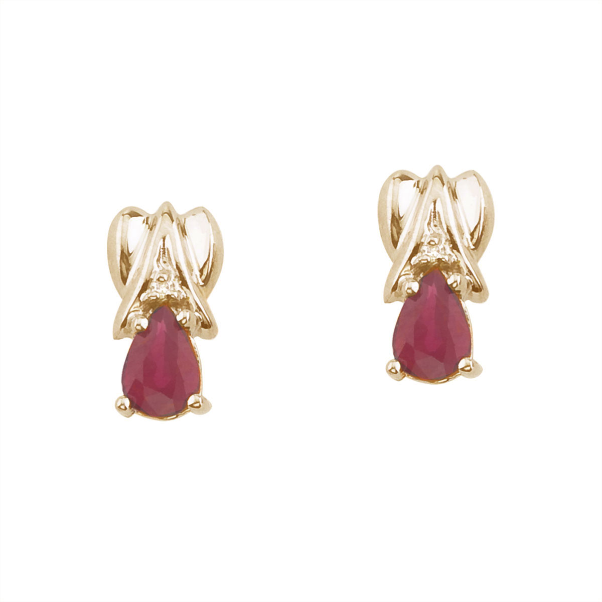 14k yellow gold stud earrings with 6x4 mm pear rubies and bright diamond accents.