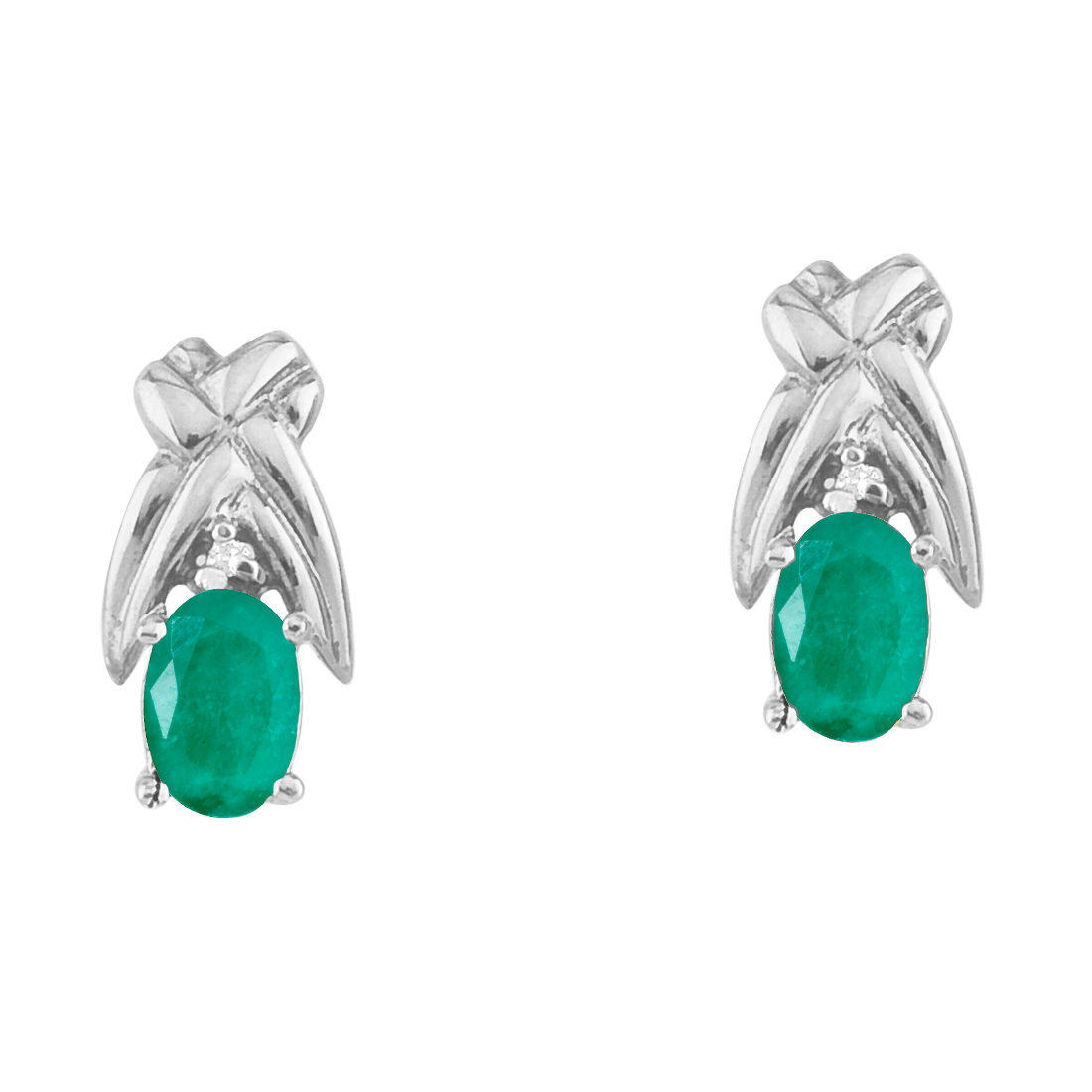 14k yellow gold stud earrings with 6x4 mm pear emeralds and bright diamond accents.