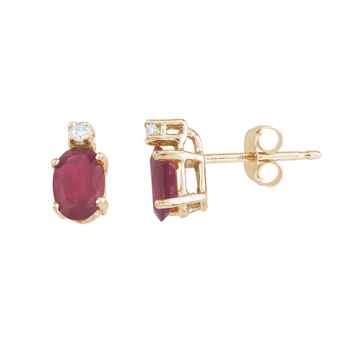 These 6x4 mm oval ruby earrings are set in beautiful 14k yellow gold and feature .04 total carat ...