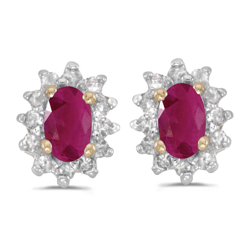 These 14k yellow gold oval ruby and .25 ct diamond earrings feature 5x3 mm genuine natural rubys ...