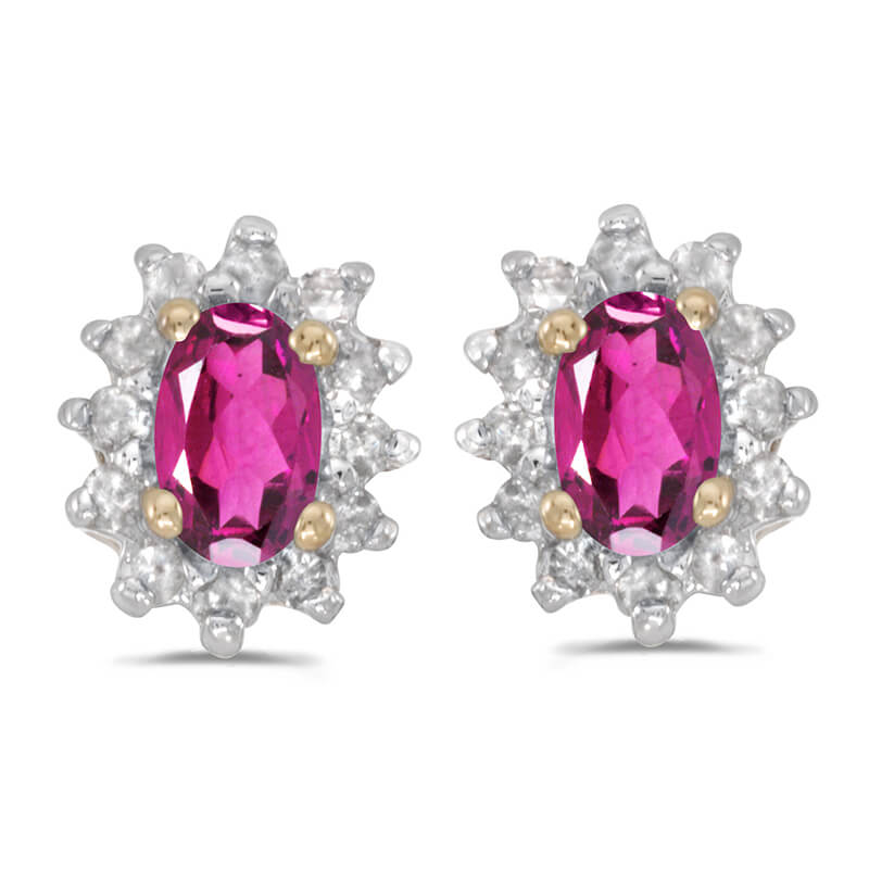 These 14k yellow gold oval pink topaz and .25 ct diamond earrings feature 5x3 mm genuine natural ...