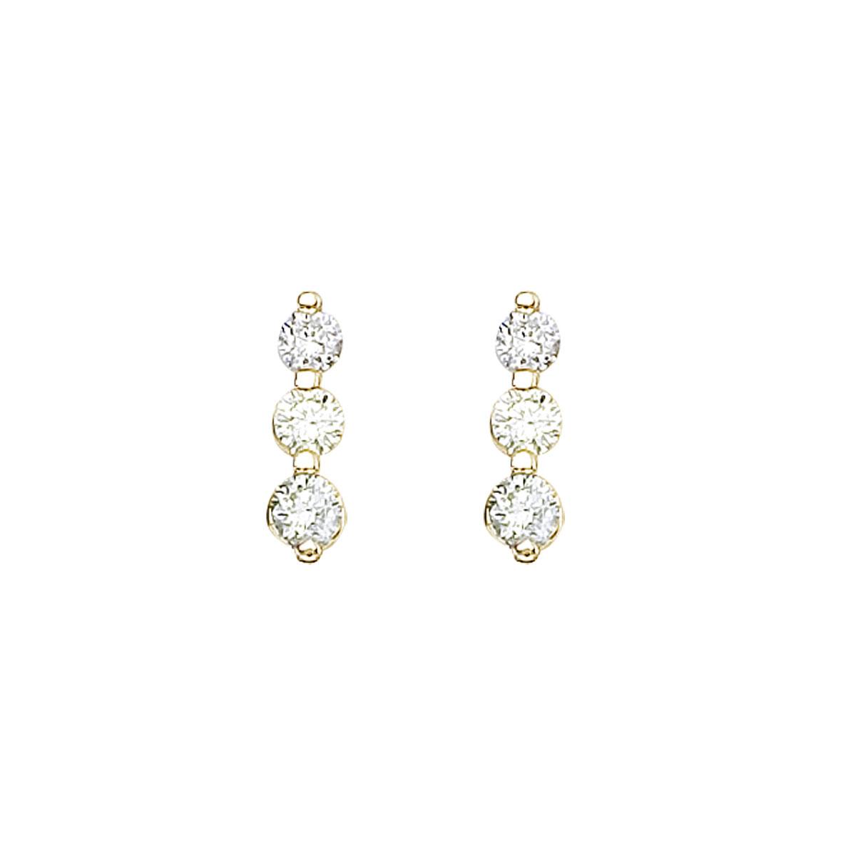 .50 carat three stone diamond earrings set in 14k yellow gold.