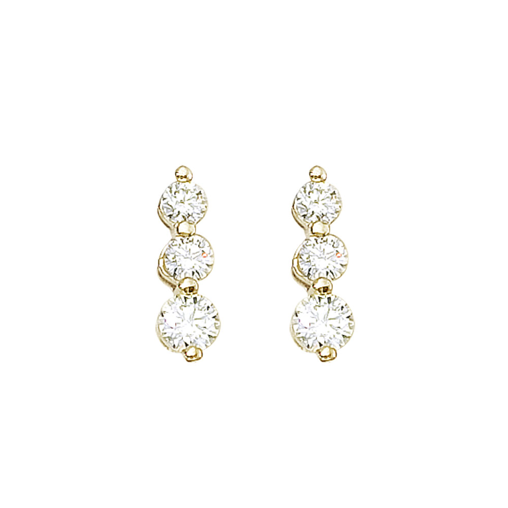 2 ct three stone diamond earrings set in 14k yellow gold.
