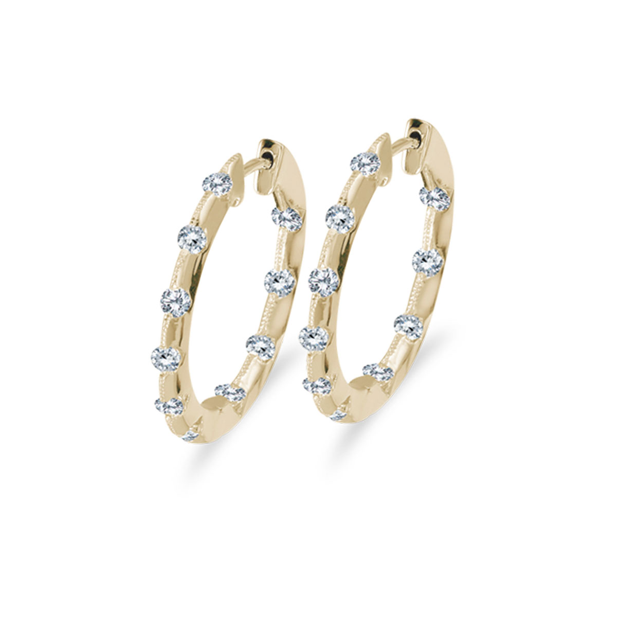 19 mm diamond inside/outside hoop earrings in beautiful 14k yellow gold. The perfect look for day...