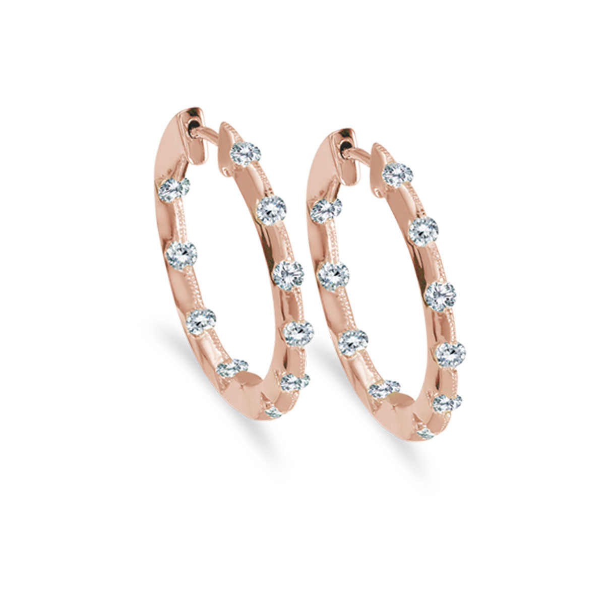 19 mm diamond inside/outside hoop earrings in beautiful 14k rose gold. The perfect look for day o...