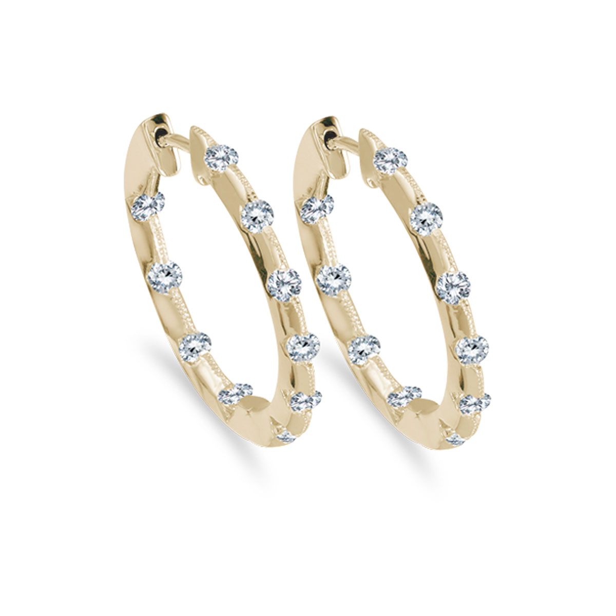 24 mm diamond inside/outside hoop earrings in beautiful 14k yellow gold. The perfect look for day...