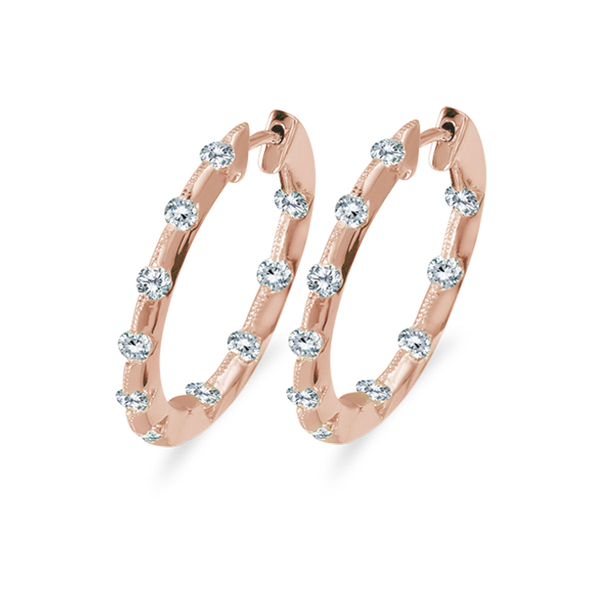 24 mm diamond inside/outside hoop earrings in beautiful 14k rose gold. The perfect look for day o...