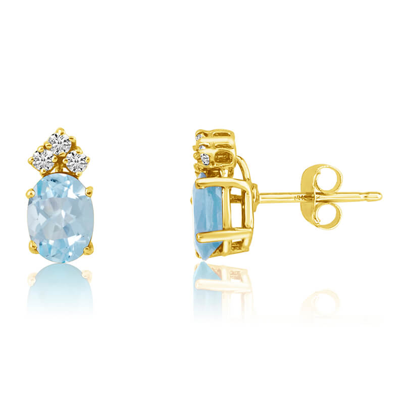 14k Yellow Gold Oval Aquamarine Earrings with Diamonds