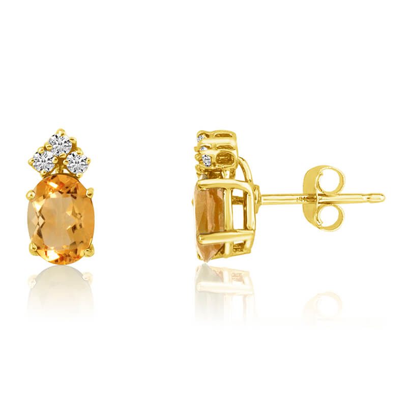 14k Yellow Gold Oval Citrine Earrings with Diamonds