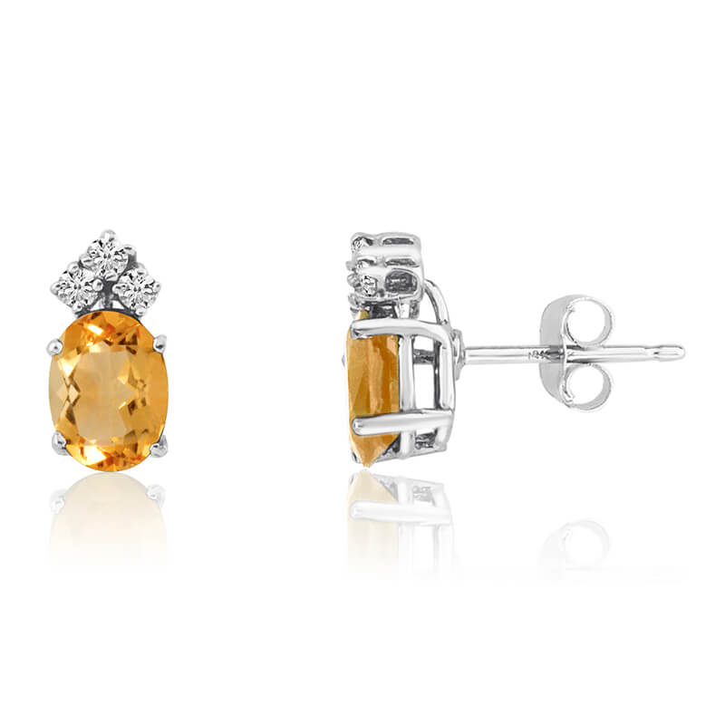 14k White Gold Oval Citrine Earrings with Diamonds